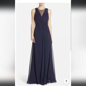 ELIZA J | Embellished Chiffon Fit & Flare Gown Dress EJ6M1353 Navy Blue sz 6